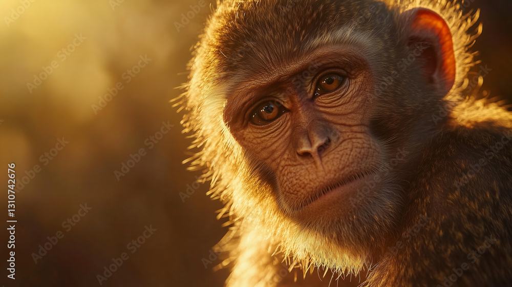 Obraz premium close up portrait of macaque monkey basks in warm light, its gaze filled with thoughtful contemplation and calm serenity