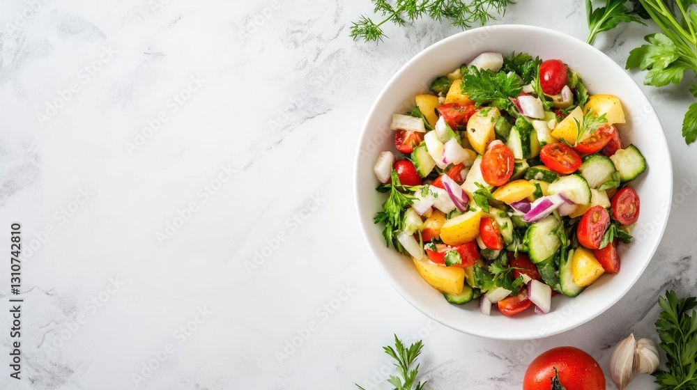 Fresh Colorful Salad with Tomatoes, Cucumbers, and Herbs in Bowl Fresh Colorful Salad with Tomatoes, Cucumbers, and Herbs in Bowl