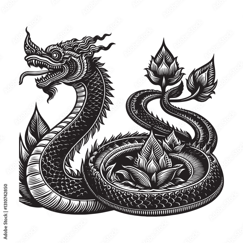 Fototapeta premium Serpentine illustration with lotus accents, mythological serpent