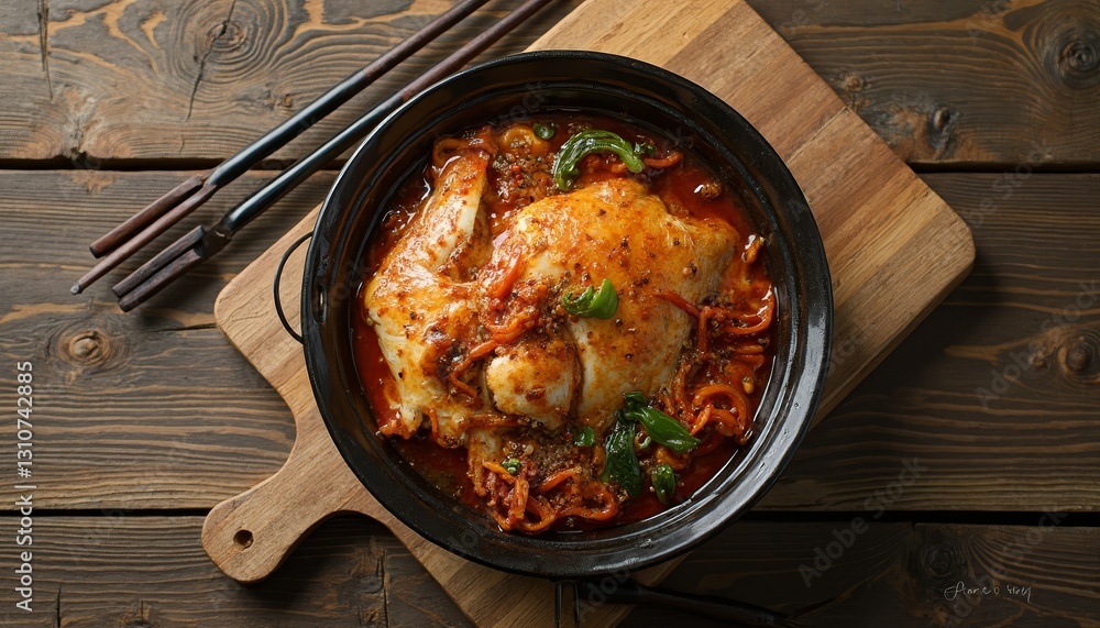 Delicious braised chicken with hot sauce, served on wooden cutting board Delicious braised chicken with hot sauce, served on wooden cutting board