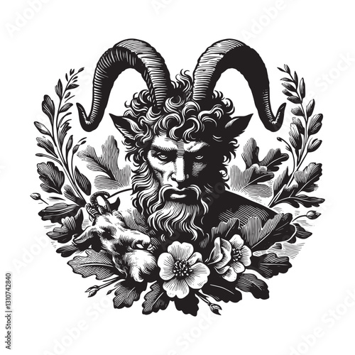 Satyr portrait in woodcut style, mythical creature with floral f