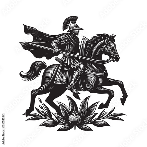 Saracen warrior on horseback in traditional woodcut style, monoc
