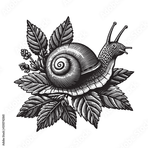 Snail woodcut botanical illustration, realistic and minimalist o