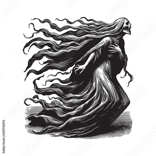 Spectral apparition in woodcut style, representing fear and impe