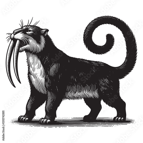 Engraved Illustration of Smilodon: A Saber-Toothed Cat from the