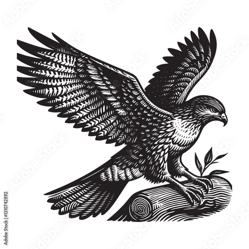 Striking hawk illustration in traditional woodcut style, detaile