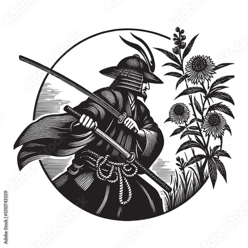 Stoic Shogun in Ink: A Japanese Woodcut Inspired Samurai Illustr