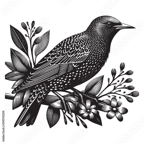 Stylized Starling Bird with Floral Elements in Detailed Woodcut