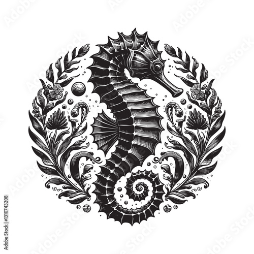 Stylized seahorse woodcut with floral embellishments in circular