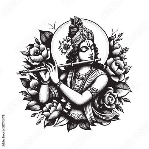 Traditional woodcut rendition of Krishna playing flute amidst fl