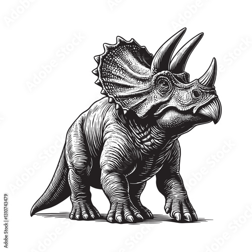 Triceratops illustration showcasing detailed woodcut texture, pr