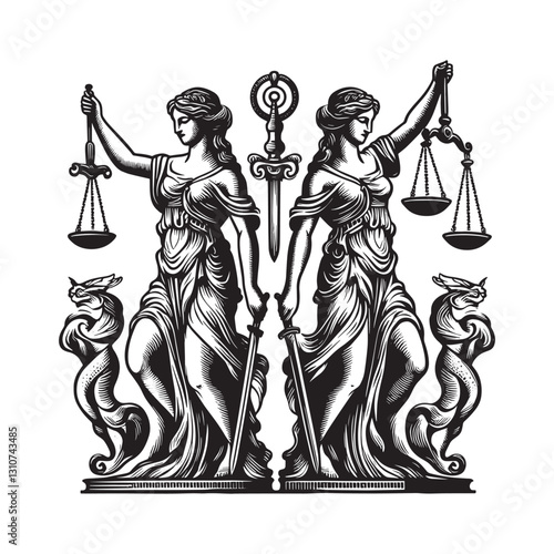 Two stylized depictions of Justice with scales, sword, and serpe