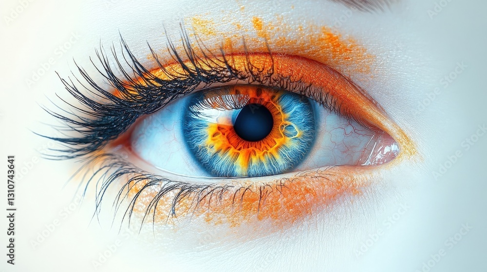 Close-Up of a Blue Eye with Orange Glitter Makeup Close-Up of a Blue Eye with Orange Glitter Makeup