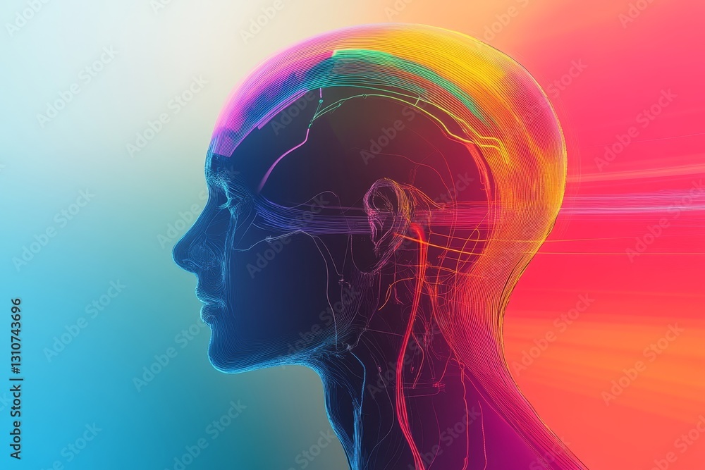 Abstract Representation of Human Brain with Colorful Neon Glow Abstract Representation of Human Brain with Colorful Neon Glow