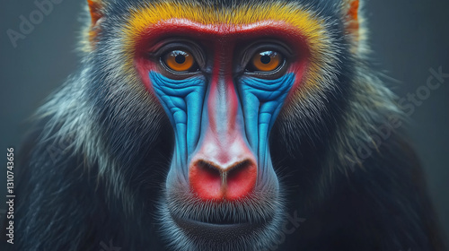 Majestic mandrill monkey with its colorful face shows its unique beauty and powerful gaze, vibrant portrait of primate splendor photo