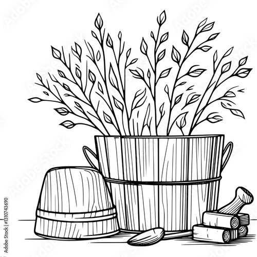 Black and white vector simple contour illustration depicting a wooden bucket with birch branches and a bath hat