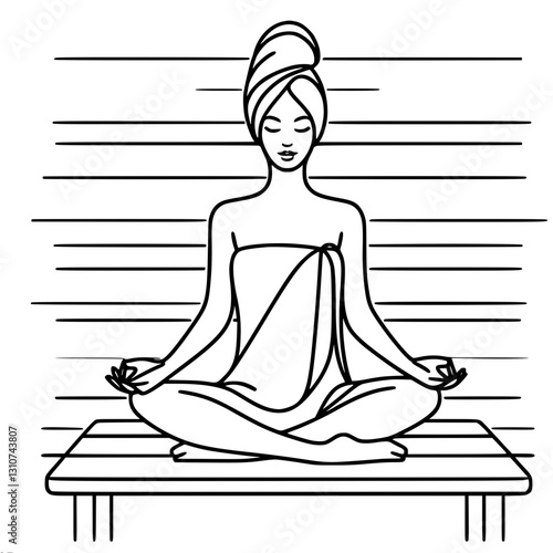 Linear simple kennel vector drawing of a woman in a steam room with a towel on her head, sitting in a meditative pose on a bench