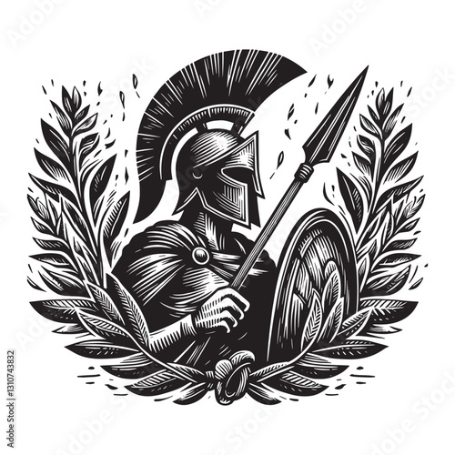 Woodcut depiction of a spartan warrior ready for battle with a s