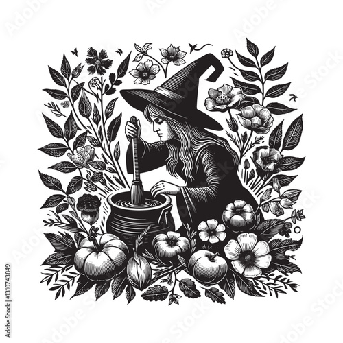 Bewitching botanical brew: A traditional woodcut illustration of