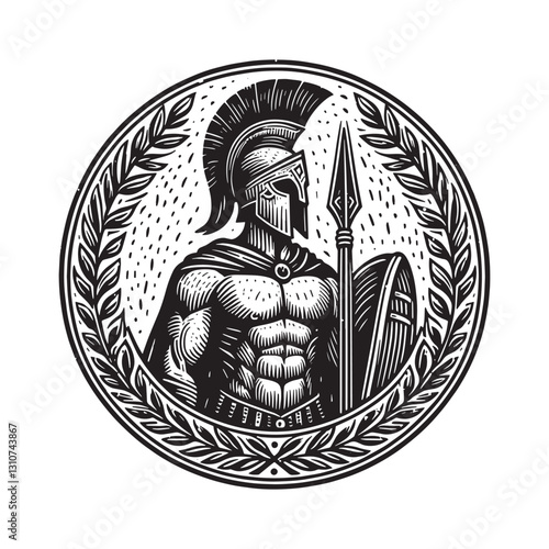 Woodcut rendition of a spartan warrior emblem with spear and shi