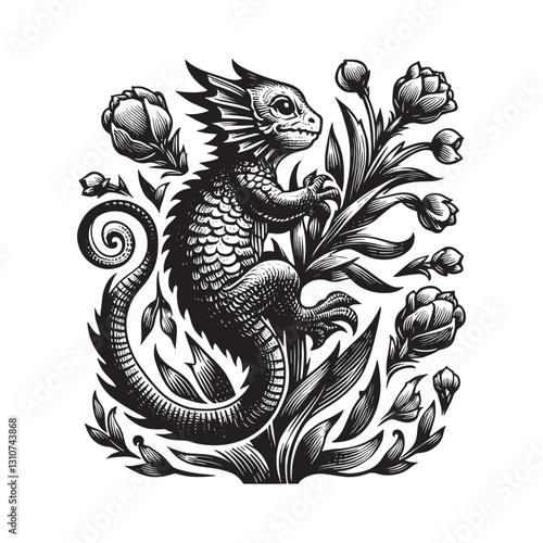 Woodcut Illustration of Scaled Kobold with Floral Accents in Bla