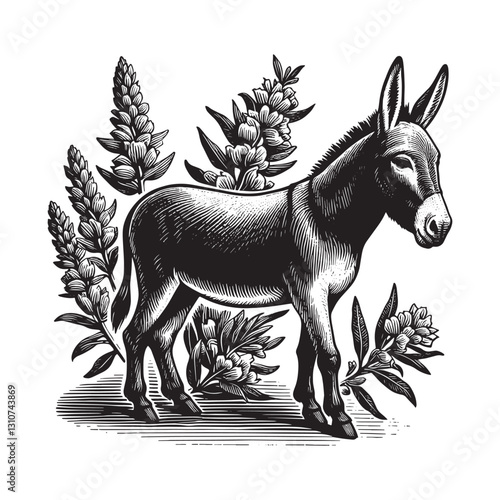 Woodcut Style Donkey Illustration with Floral Embellishments in