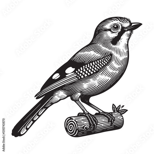 Woodcut style illustration of a blue jay perched on a log detail