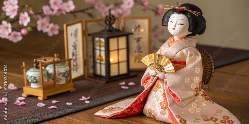 Cultural display of a traditional Japanese doll with flowers and lantern in serene indoor setting Cultural display of a traditional Japanese doll with flowers and lantern in serene indoor setting