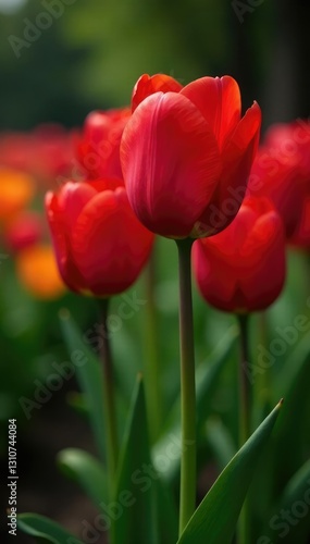 Red tulips with slender stems and dark green, pointed leaves, gardening, red tulips,