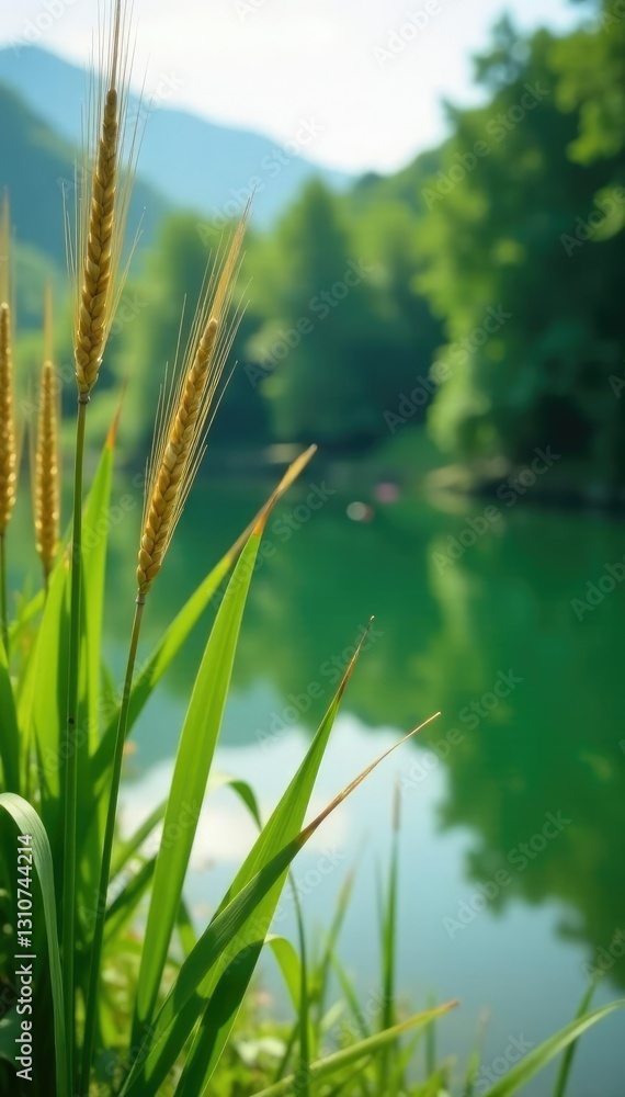 Fototapeta premium Reed fencing against a serene lake background, greenery, reflection, scenery