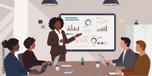 Black Businesswoman Leading E-Commerce Fintech Presentation in Corporate Meeting