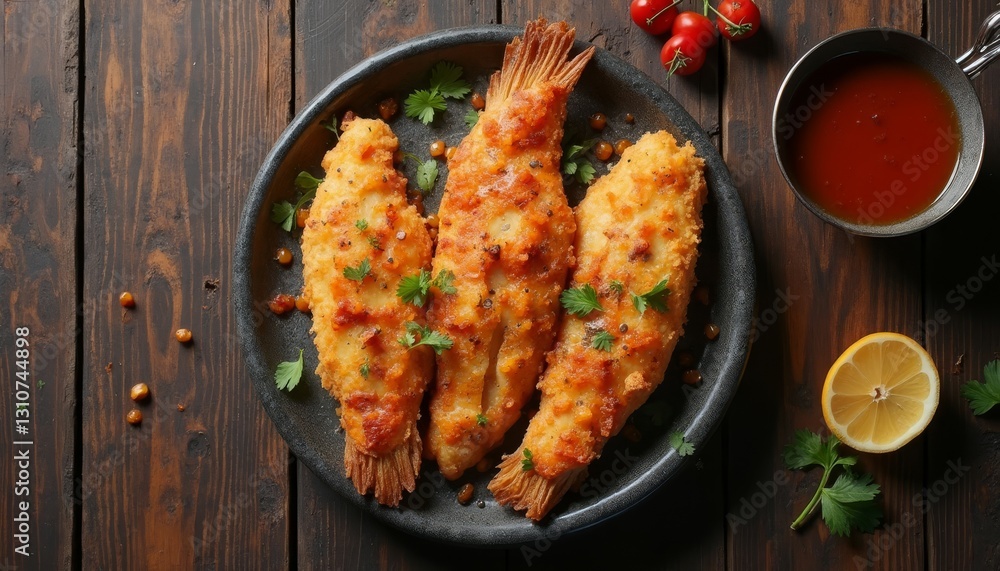 Delicious crispy fried fish served on rustic wooden table with ingredients Delicious crispy fried fish served on rustic wooden table with ingredients