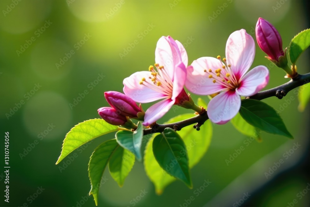 Soft pink petals unfurl on a branch amidst lush green leaves, blossom, blooming tree Soft pink petals unfurl on a branch amidst lush green leaves, blossom, blooming tree