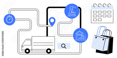 Delivery truck navigating route on map with GPS marker, stopwatch, factory, store icons, calendar, and shopping bags. Ideal for logistics, supply chain, e-commerce delivery inventory planning