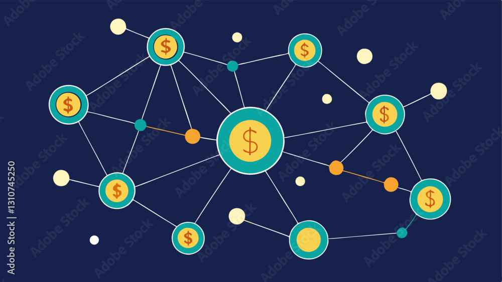 Network of Investors A web of interconnected dots representing various investors and borrowers with lines connecting them illustrating the vast network made possible by peertopeer