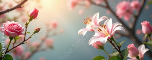 Soft pink roses and white lilies suspended in the air amidst branches, suspension, nature