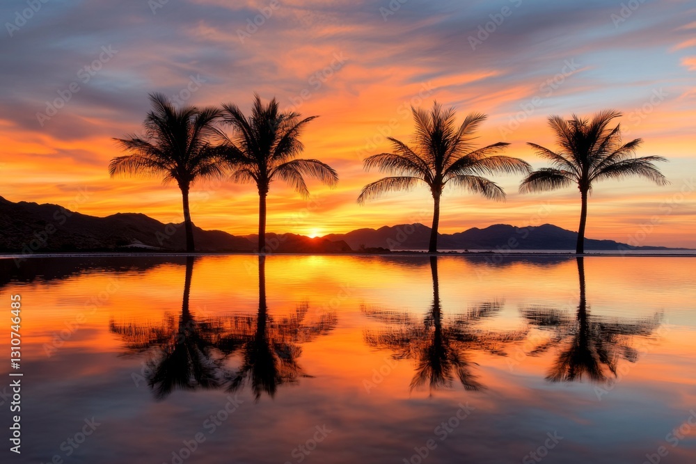 A tranquil desert oasis with palm trees reflected in a pool of water, glowing under the fiery hues of a sunset A tranquil desert oasis with palm trees reflected in a pool of water, glowing under the fiery hues of a sunset