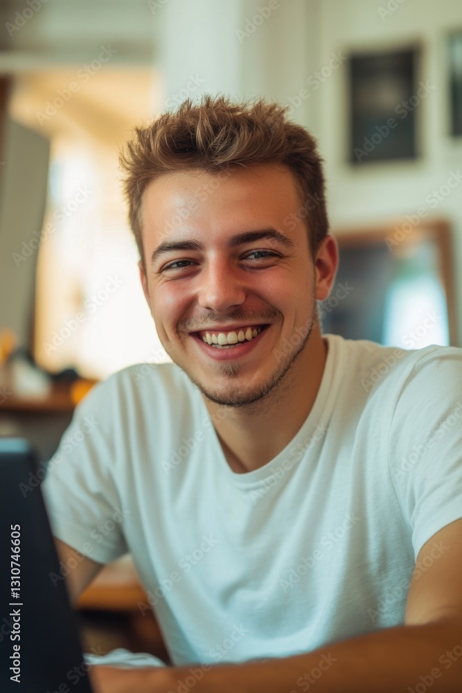 Obraz premium Happy Young Man Smiling at Laptop