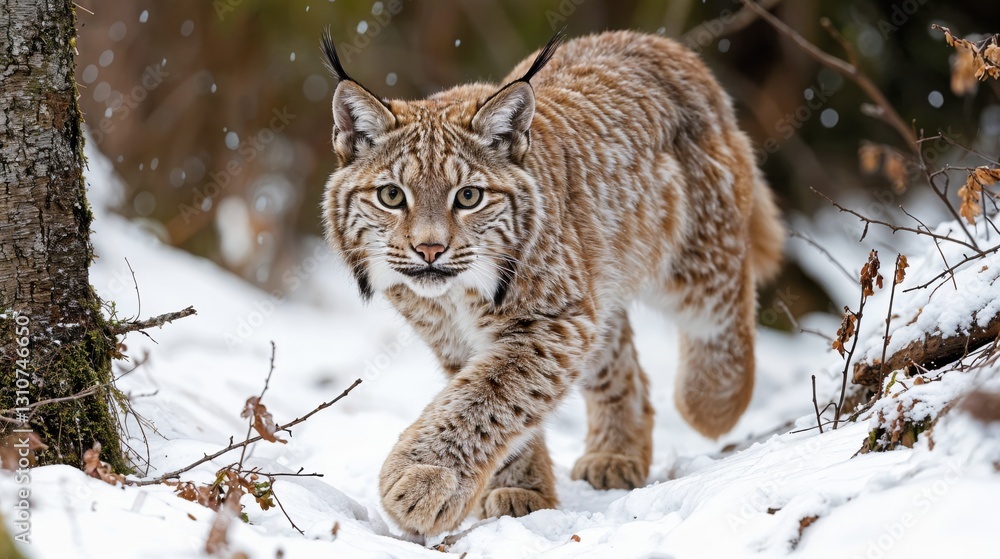 Soft snow blankets the ground as a lynx moves stealthily through the frost-covered forest, its keen eyes alert for any signs of movement. Soft snow blankets the ground as a lynx moves stealthily through the frost-covered forest, its keen eyes alert for any signs of movement.