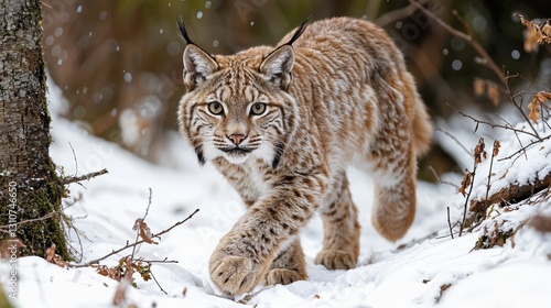 Soft snow blankets the ground as a lynx moves stealthily through the frost-covered forest, its keen eyes alert for any signs of movement.
