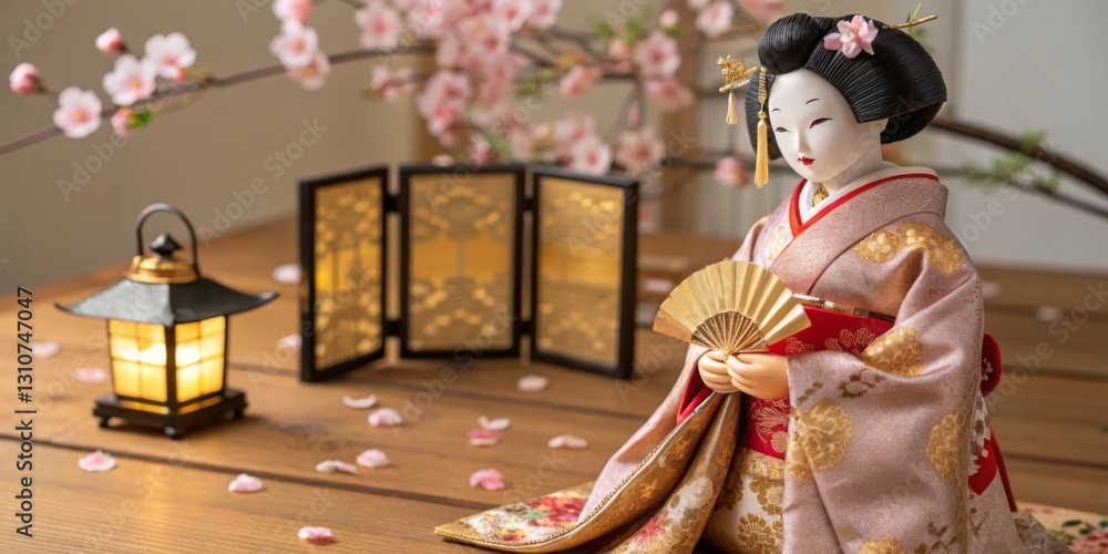Obraz premium Traditional Japanese doll dressed in kimono with cherry blossoms and lantern on wooden table