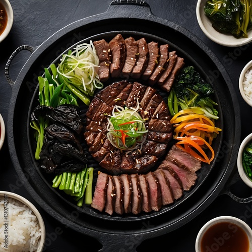 Delicious Korean BBQ Platter with Beef and Assorted Vegetables