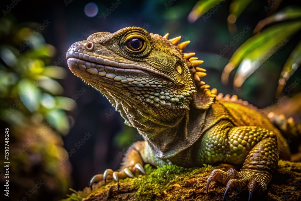 Fototapeta premium Nocturnal Tuatara: Low Light Photography of New Zealand's Ancient Reptile