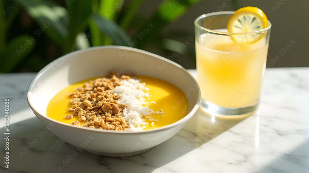A tropical breakfast of mango smoothie bowl with granola, coconut, and coconut water. Natural lighting highlights the bright colors, set on a marble table with tropical leaves. A tropical breakfast of mango smoothie bowl with granola, coconut, and coconut water. Natural lighting highlights the bright colors, set on a marble table with tropical leaves.