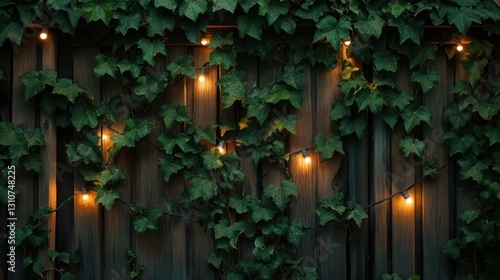 Ivy-covered fence with fairy lights at night