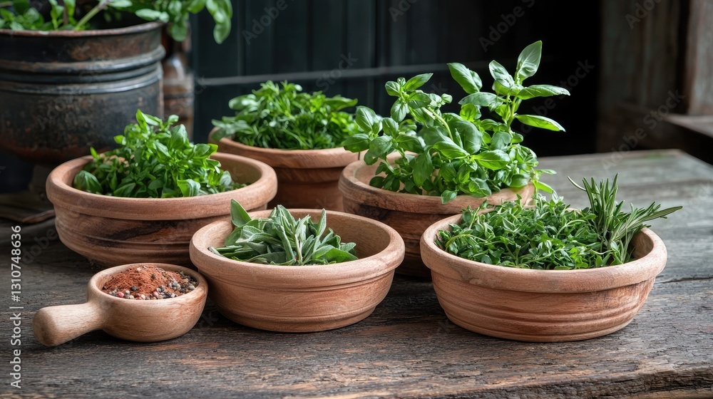Fresh Culinary Herbs in Various Clay Pots on Wooden Table Fresh Culinary Herbs in Various Clay Pots on Wooden Table