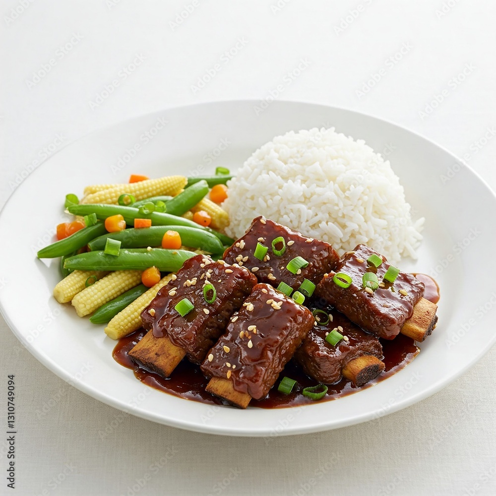 A Delicious and Satisfying Braised Short Ribs with Soy Sauce, Served with Steamed White Rice and Vegetables A Delicious and Satisfying Braised Short Ribs with Soy Sauce, Served with Steamed White Rice and Vegetables