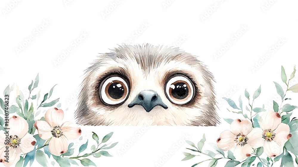 Obraz premium Adorable sloth peeking among nature's flowers watercolor style art whimsical serene close-up