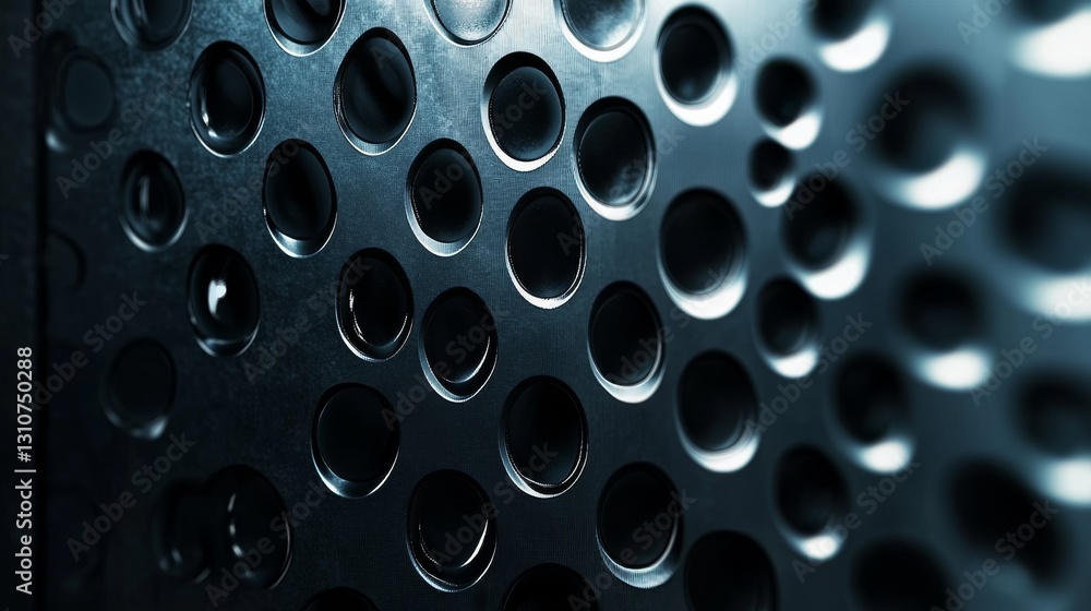 A textured metallic surface shows numerous evenly spaced circular holes A textured metallic surface shows numerous evenly spaced circular holes