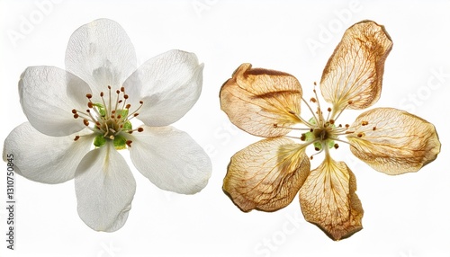 pressed and dried white delicate transparent flower apple tree isolated on white